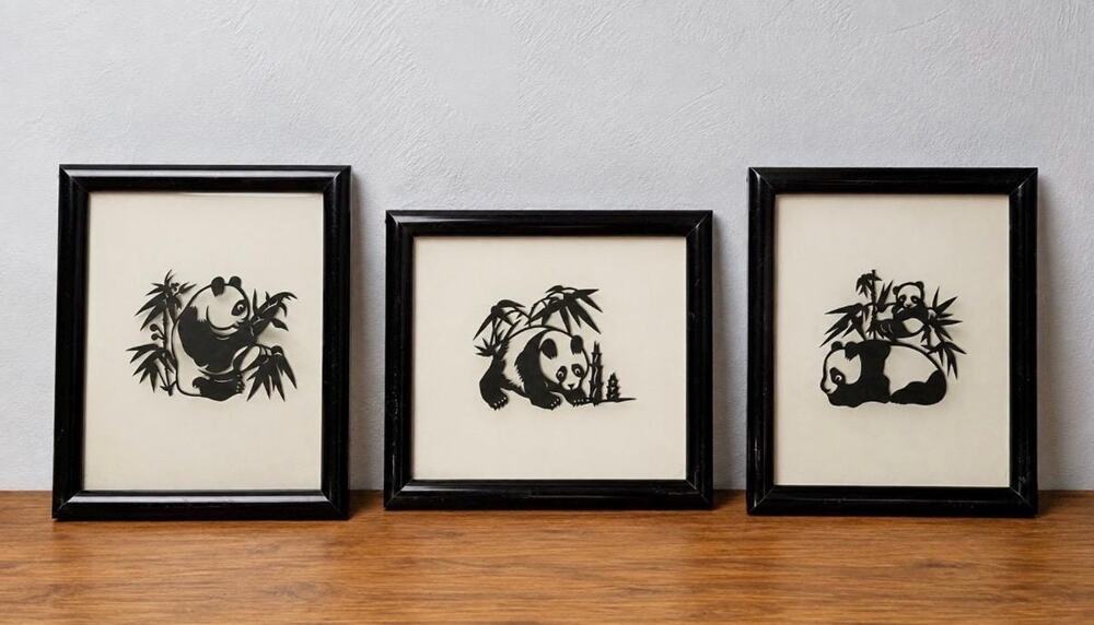 Set of 3 Vintage Panda Reverse Glass Art | Mid Century Asian Decor